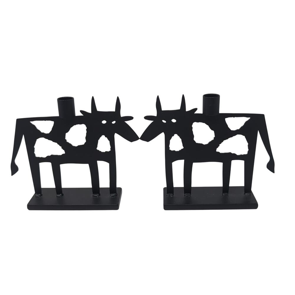 VTG Metal Art Abstract Cow Spots 2 Candle Holders Sculpture Black Far Side HEAVY